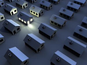 graphic of multiple rows of houses with only one house with lights on