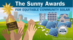 Graphic showing solar panels in a field and hands raised in celebration